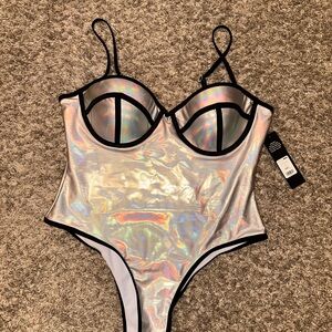 Fashion Nova Holographic Bodysuit with Black Accents